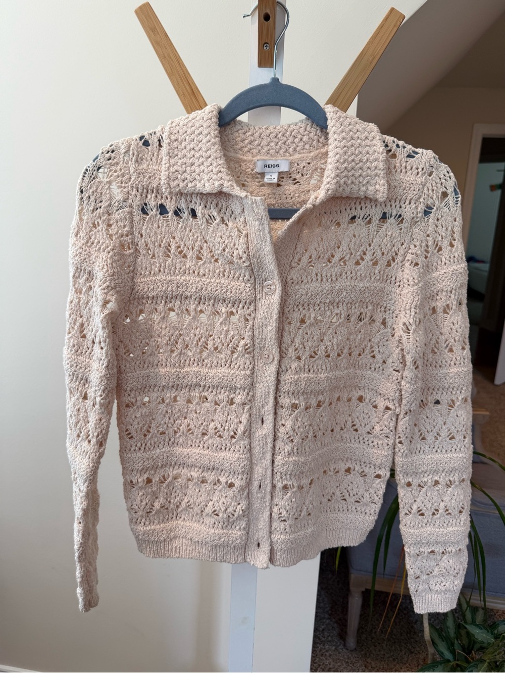 Reiss Light Cream Openwork Button Cardigan